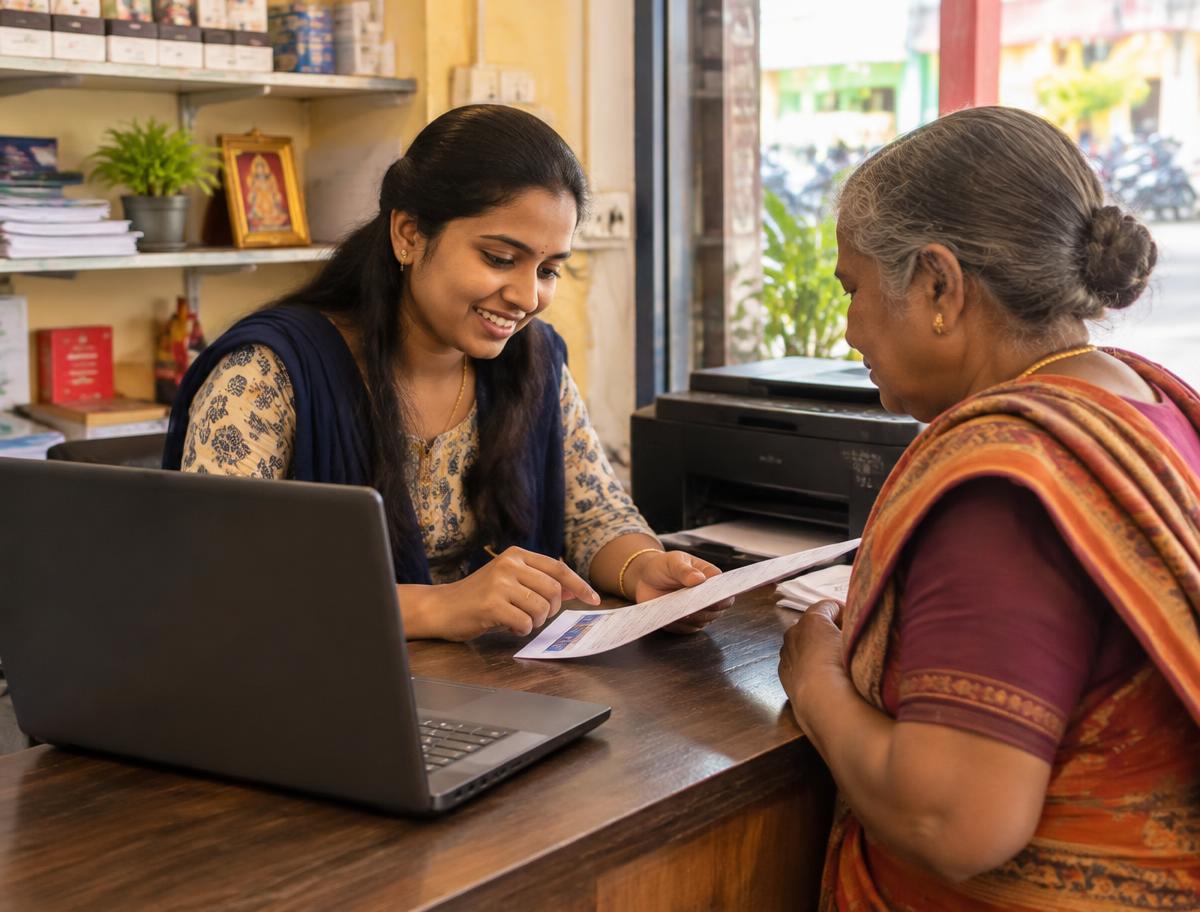 Digital service entrepreneur assisting a customer at her centre